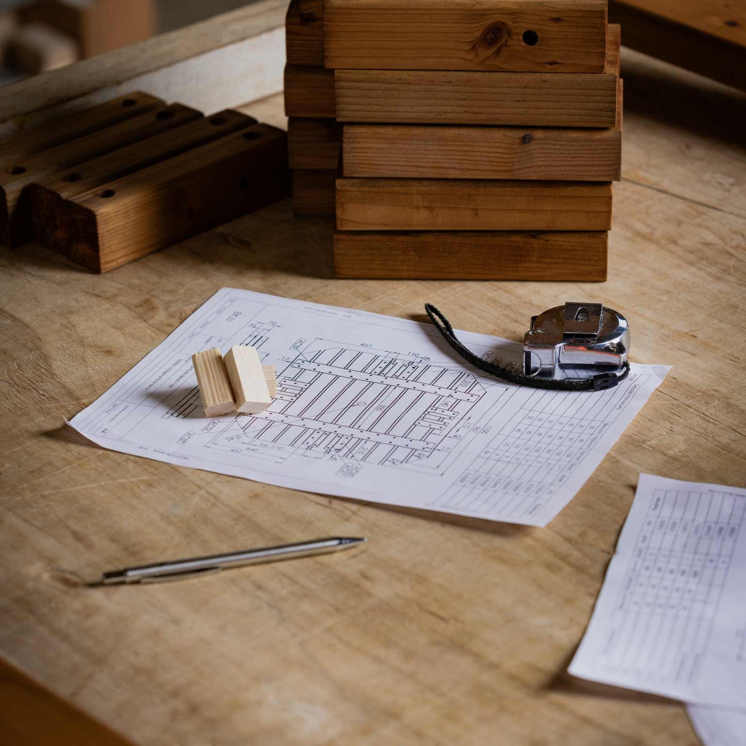 Wood designer's work table with measuring tape, paper and pen